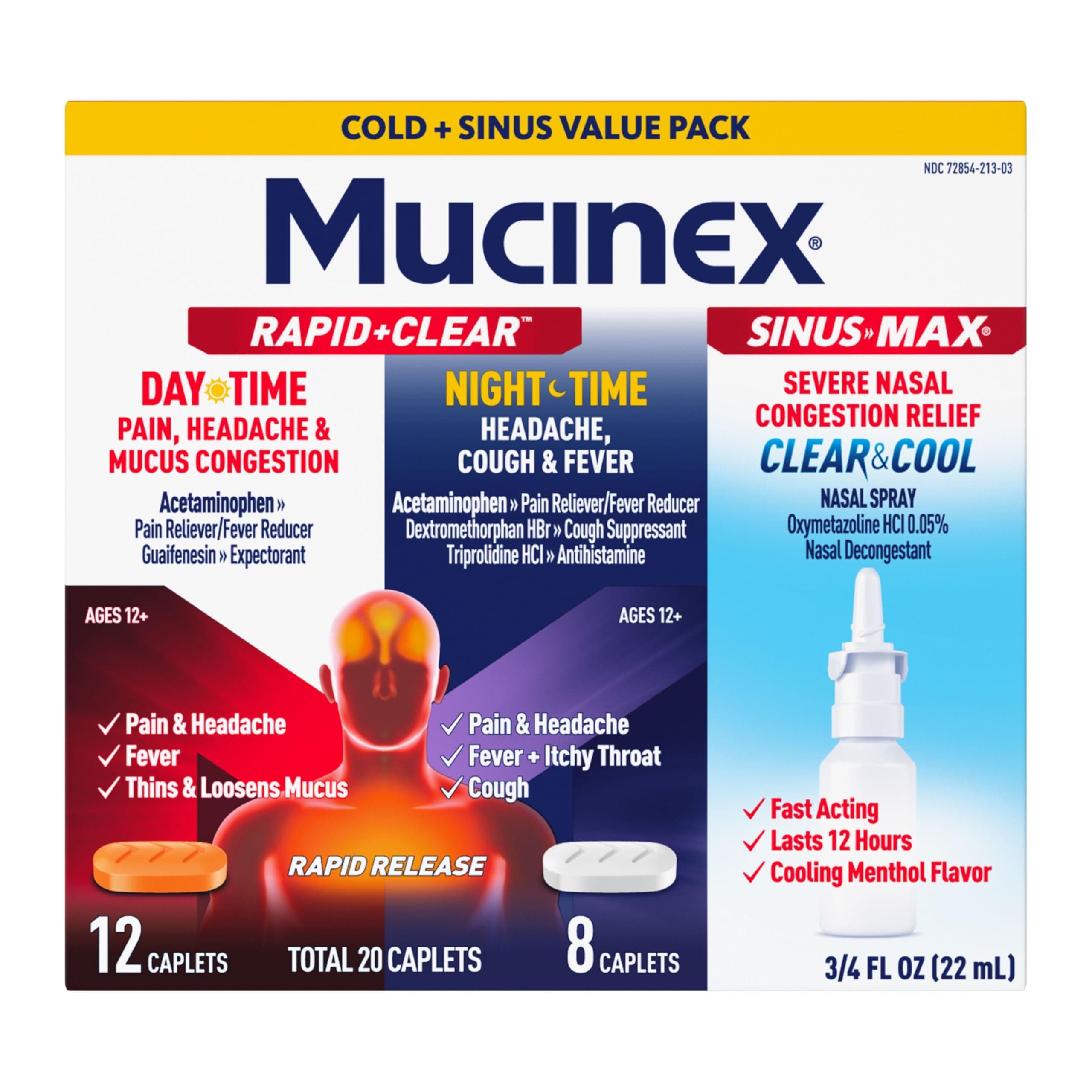 Rapid+Clear Maximum Strength Day & Night Cold and Flu Medicine for Adults (20 caplets) + Sinus Pressure Relief Nasal Spray (0.75 oz), Over-The-Counter Medication Combo Pack for Symptom Relief