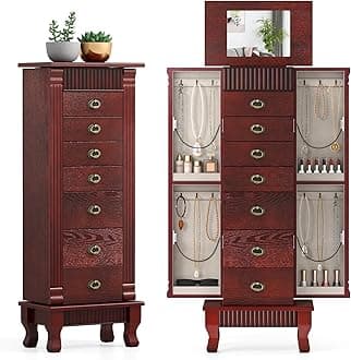 Giantex Standing Jewelry Armoire Cabinet Storage Chest with 7 Drawers, 2 Side Doors, 12 Necklace Hooks, Makeup Mirror and Top Divided Storage Organizer, Large Standing Jewelry Armoire
