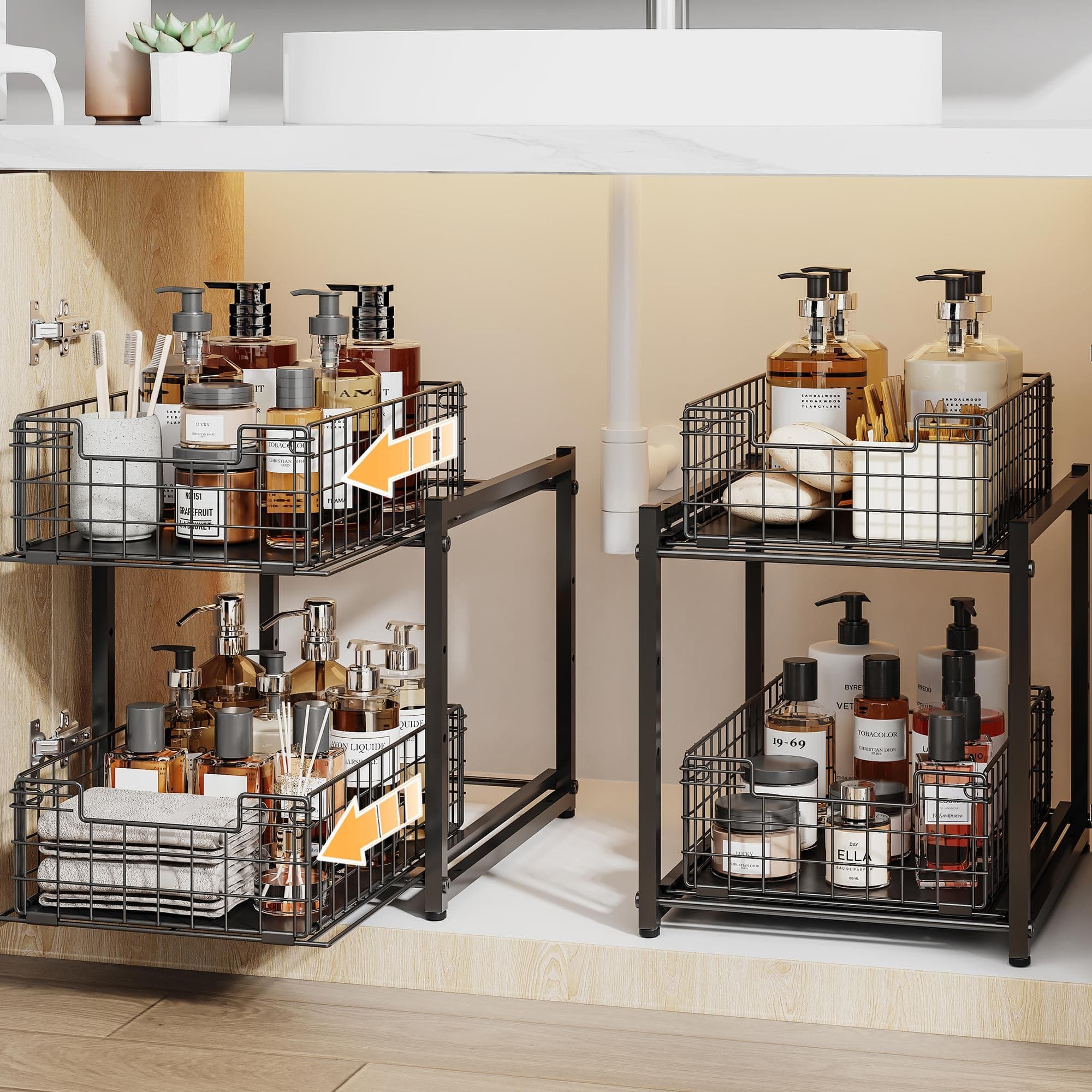 Under Sink Organizer, 2-Tier Pull Out Cabinet Organizer, Adjustable Height Bathroom Organizer and Storage, Spice Rack for Kitchen, Sliding Drawers Shelves 13.8×11×15.8 Inch (1 Pack)