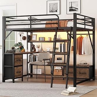 Loft Bed Queen Size with Desk and Charging Station, Metal Loft Beds Frame with LED Lights, Bookcase & 4 Fabric Storage Drawers & Bench, Adults Loft Beds with Wardrobe -Safety Guard & Ladder, Black