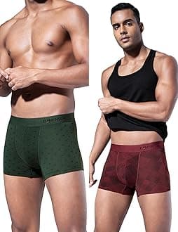 DAMENSCH Modal Regular Fit Printed Trunk Underwear Anti-Bacterial Moisture Wicking Breathable Microfibre Waistband Comfortable Deo-Soft Trunks for Men-Qube Maroon, Darted Green-L