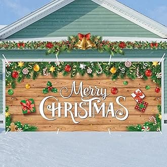 Christmas Garage Door Banner Decoration Magnetic Garage Door Covers Large Christmas Backdrop Decorations for Indoor Outdoor Xmas Party(16 x 7ft,Wood Style)