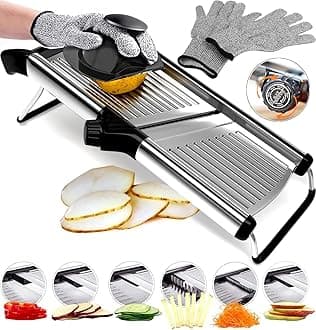 Stainless Steel Mandoline Slicer for Kitchen – 6-Setting Adjustable, 16.5 x 5 In. Platform, Hand Guard, Cut-Resistant Gloves – Vegetable Chopper, Meat Slicer, Cheese Slicer by Medove
