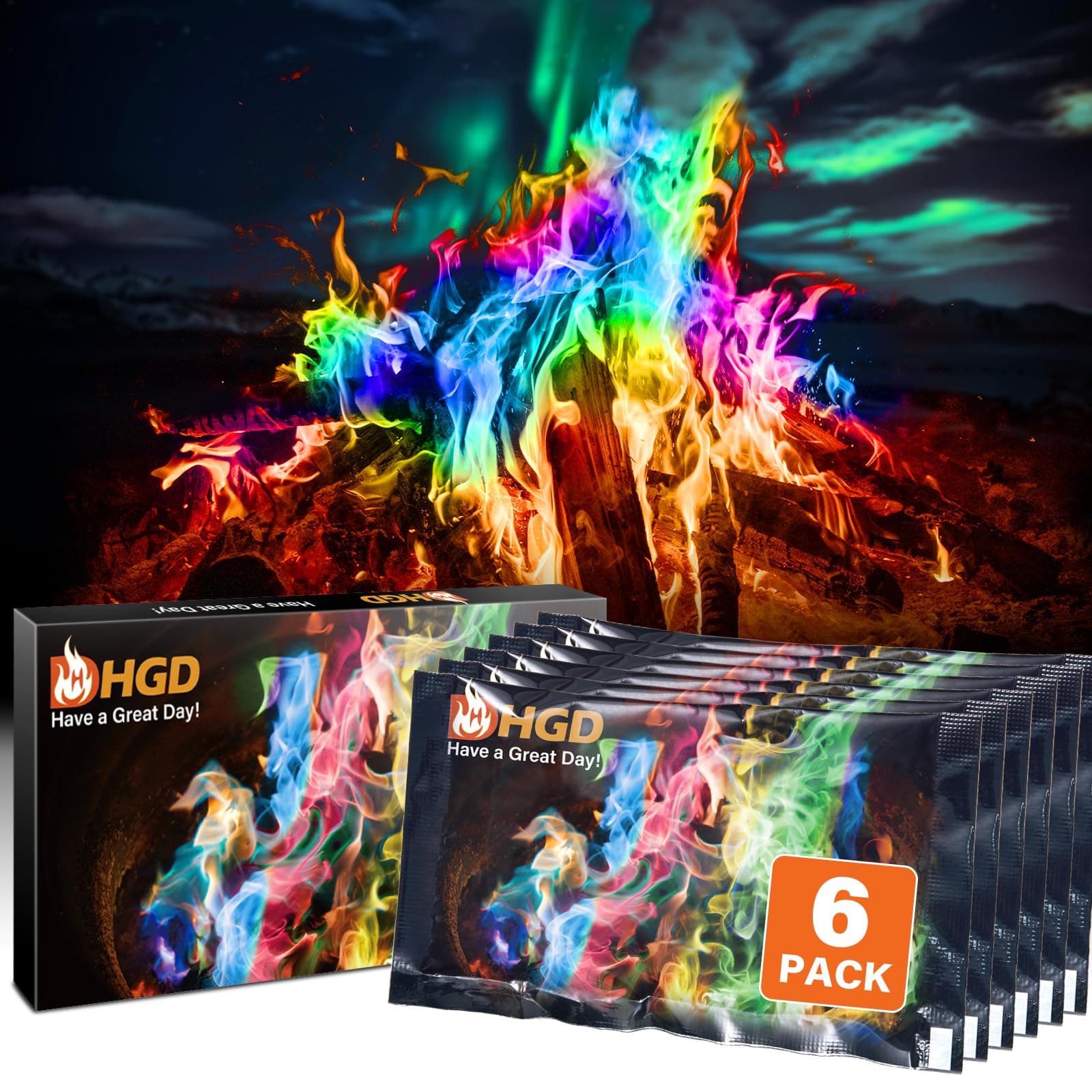 (6 Pack) Magic Campfire Fire Color Changing Packets for Fire Pit, Indoor/Outdoor Fireplace, Bonfire - Rainbow Magical Flame, Camping Accessory, Compatible with Wood