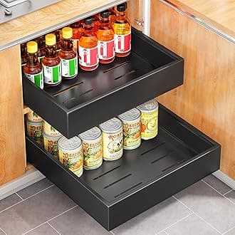 SAYZH Pull Out Cabinet Organiser, Slide Out Drawer for Kitchen Cupboard, (43 CM Depth x 30 CM Width x 9CM Height), Roll-Out Extendable Sliding Drawer, No Need Drill and Nailing (Black)