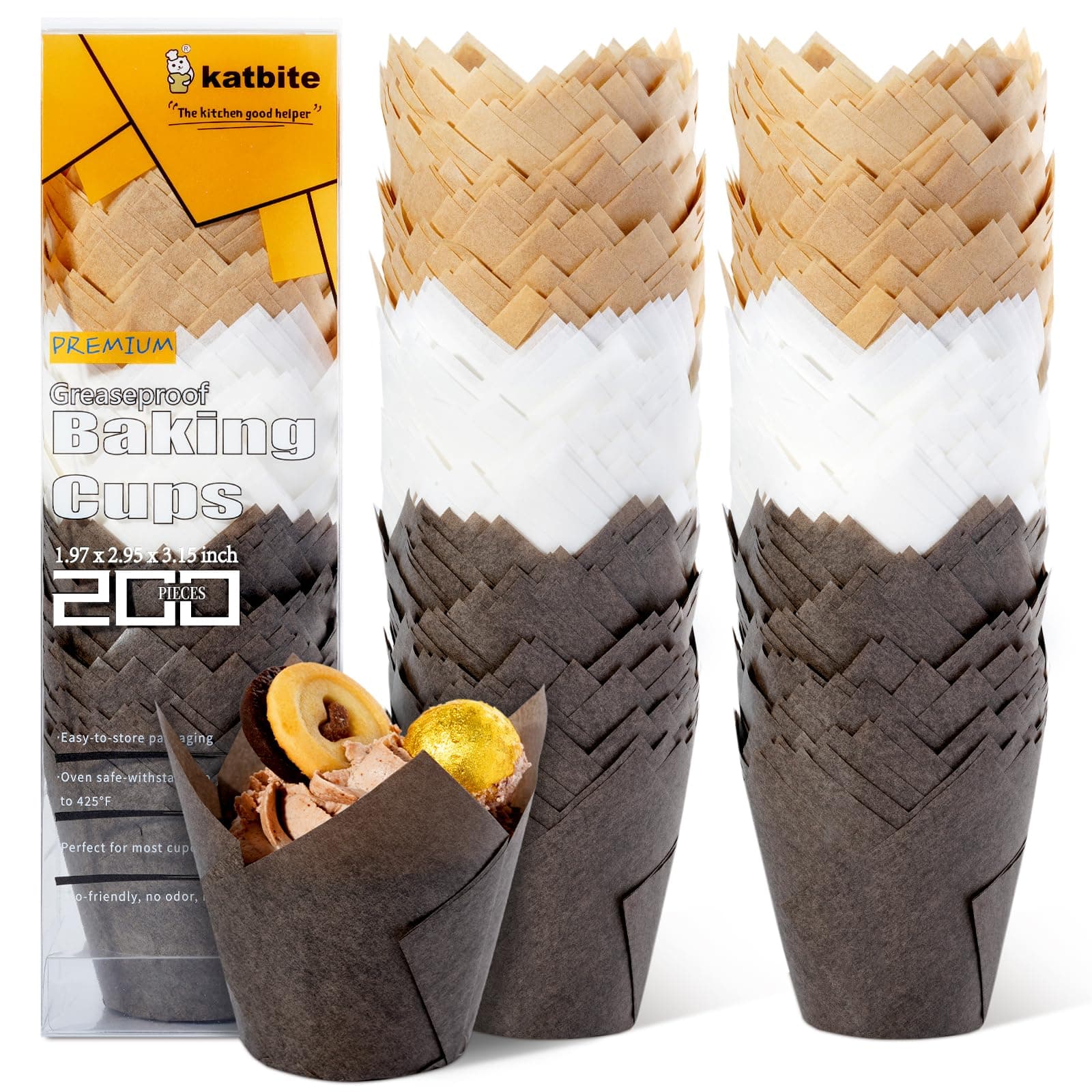 Katbite Tulip Cupcake Cases 200pcs Muffin Liners Disposable Baking Cups for Christmas Party Birthday Greaseproof Muffin Cup in White, Light Brown, Dark Brown