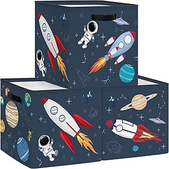 – 3 pcs Cosmic Space Cube Storage Unit Boxes Stars Kallax Box for Shelves Parents Storage Baskets for Book Clothes Toy Organizer, Rocket, 11.8x11.8x11.8 in