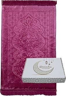Modefa Luxury Islamic Prayer Rug in Gift Box - Deluxe Gift Set with Prayer Mat & Prayer Beads Tesbih - Soft Plush Turkish Prayer Rug for Men and Women - Ramadan or Eid Gift (Hot Pink)