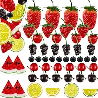 50 Pieces Fake Fruit Artificial Lifelike Plastic Fruit, 14 Fake Strawberries, 12 Fake Cherries, 6 Fake Mulberries, 4 Fake Watermelon Slices, 10 Fake Blueberries, 4 Fake Lemon Slices for Party Decor