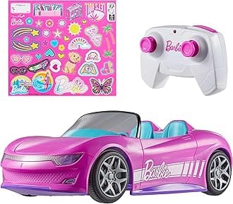 Barbie RC Toy Car, Remote-Control Pink Convertible, Can Hold 2 Barbie Fashion Dolls & Trunk Opens for Storage, Sticker Sheet for Customizing