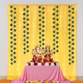 SpecialYou® Ganpati Decoration Setup for Home, Ganpati Decorations Backdrop Yellow Curtain(7 * 5ft), Green Vines, Lights(40Ft), Ganesh Decoration Items for Home Decor, Pooja room Decor- 8 Pcs