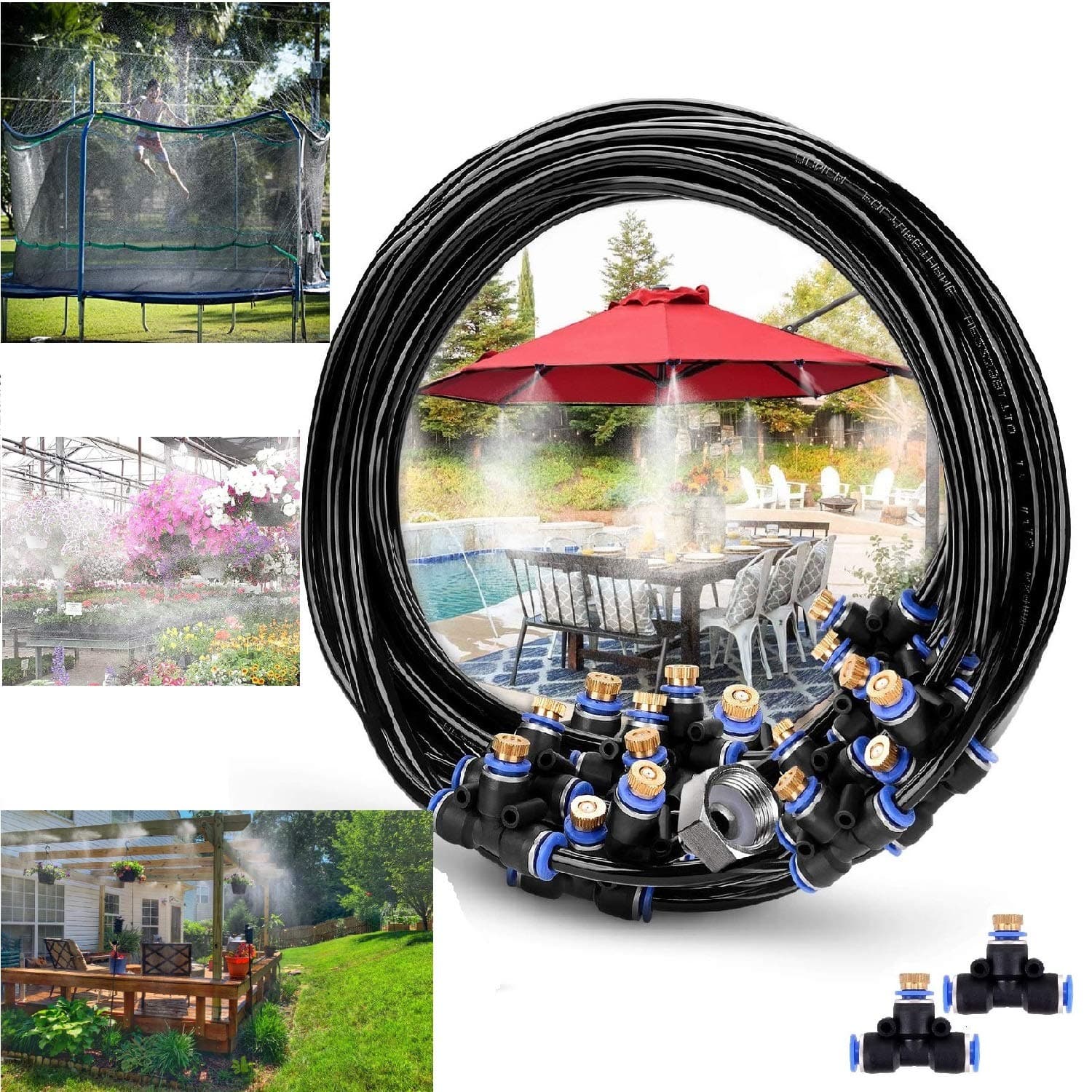 Misting Cooling System 60ft Misting Line 20 Brass Mist Nozzles Brass Adapter(3/4") Outdoor Misters for Patio Garden Greenhouse Trampoline waterpark