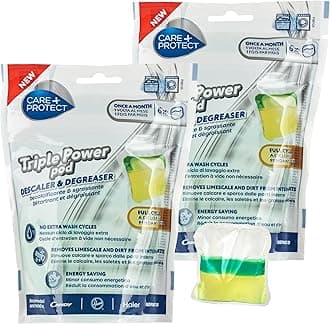 – Care+Protect Triple Power Pod Descaler & Degreaser For Washing Machine-Dishwasher, Full Cycle Sanitizer, Cleaner, Limescale Remover, Energy Saving Solution, Maxi Pack Of 12 Pods, 12 Months Protection