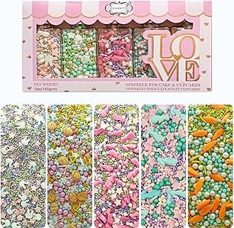 Spring Sprinkle Mix – 5-Pack Bunny-Themed Edible Sprinkles | Pink, White & Blue with Stars, Pearls & Vermicelli | Perfect for Cakes, Cupcakes, Cookies & Baking | Vegan, Gluten-Free- 140 Gms