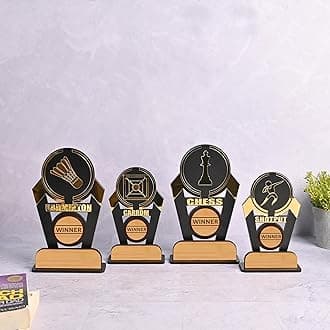 GKD Wooden & Acrylic Sports Winner Trophy - Badminton, Shot Put, Carom, Chess - 8 x 4 Inches, Ideal for Awards & Celebrations (Pack of 4)