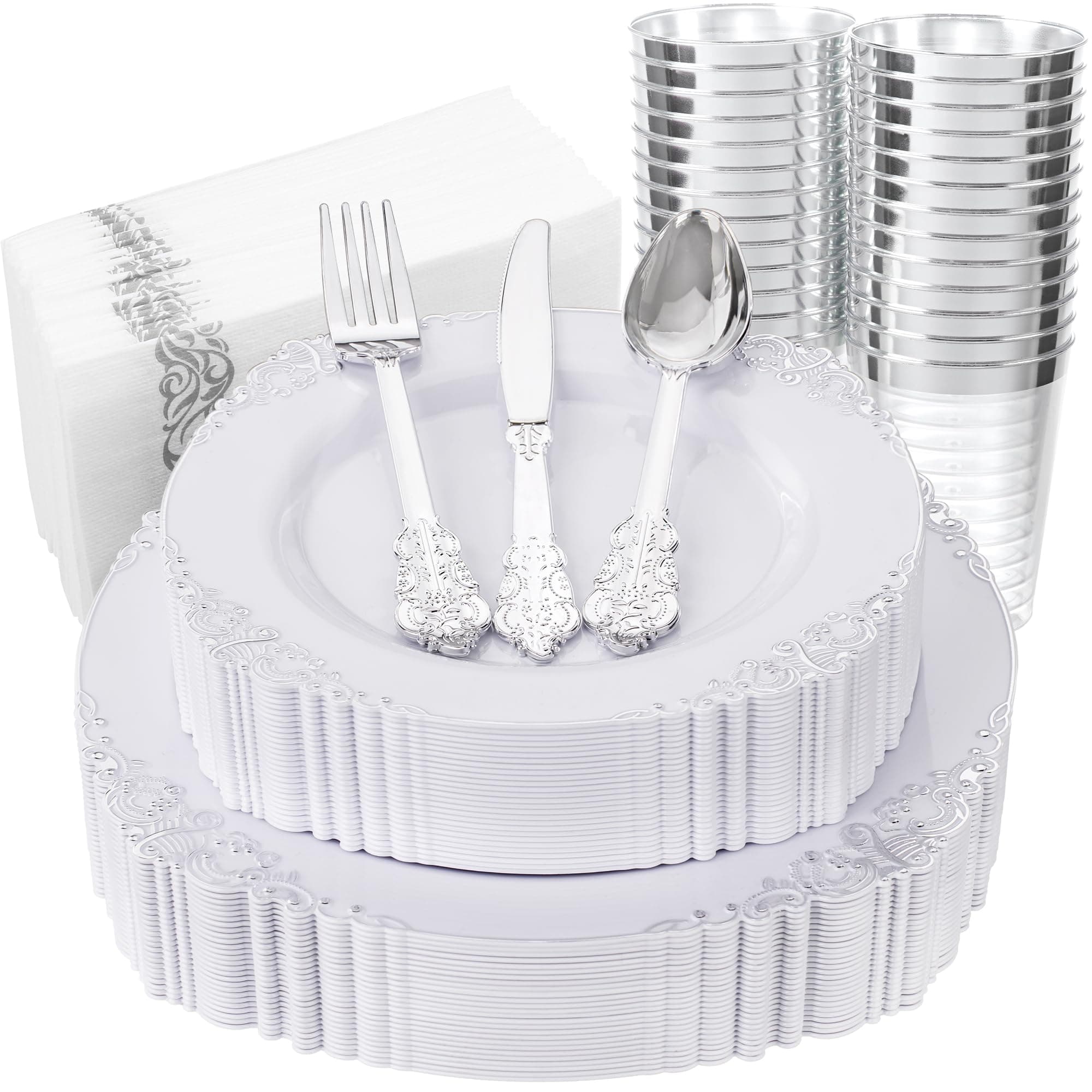 Nervure 175PCS Silver Plastic Plates - White and Silver Disposable Plates for 25 Guests Include 50Plates, 25Cups, 25Forks, 25Knives, 25Spoons, 25Napkins for Wedding & Party
