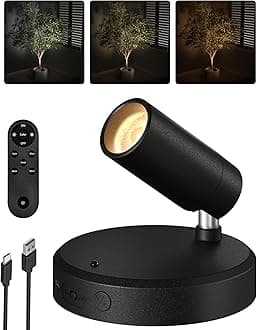 EZVALO Wireless LED Spotlights Indoor, 5500mAh Rechargeable Battery Powered Plants Spotlights Indoor, Dimmable & Timer, 3 CCT Small Up Lights with Remote, Accent Uplighting for Artwork,Tree(Black)
