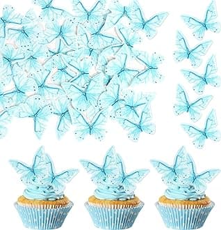 48 PCS Edible Butterfly Cupcake Toppers Wafer Paper Butterflies Cake Decorations Edible Butterfly Cupcake Picks for Butterfly Theme Baby Shower Wedding Birthday Party Food Decorations Supplies Blue