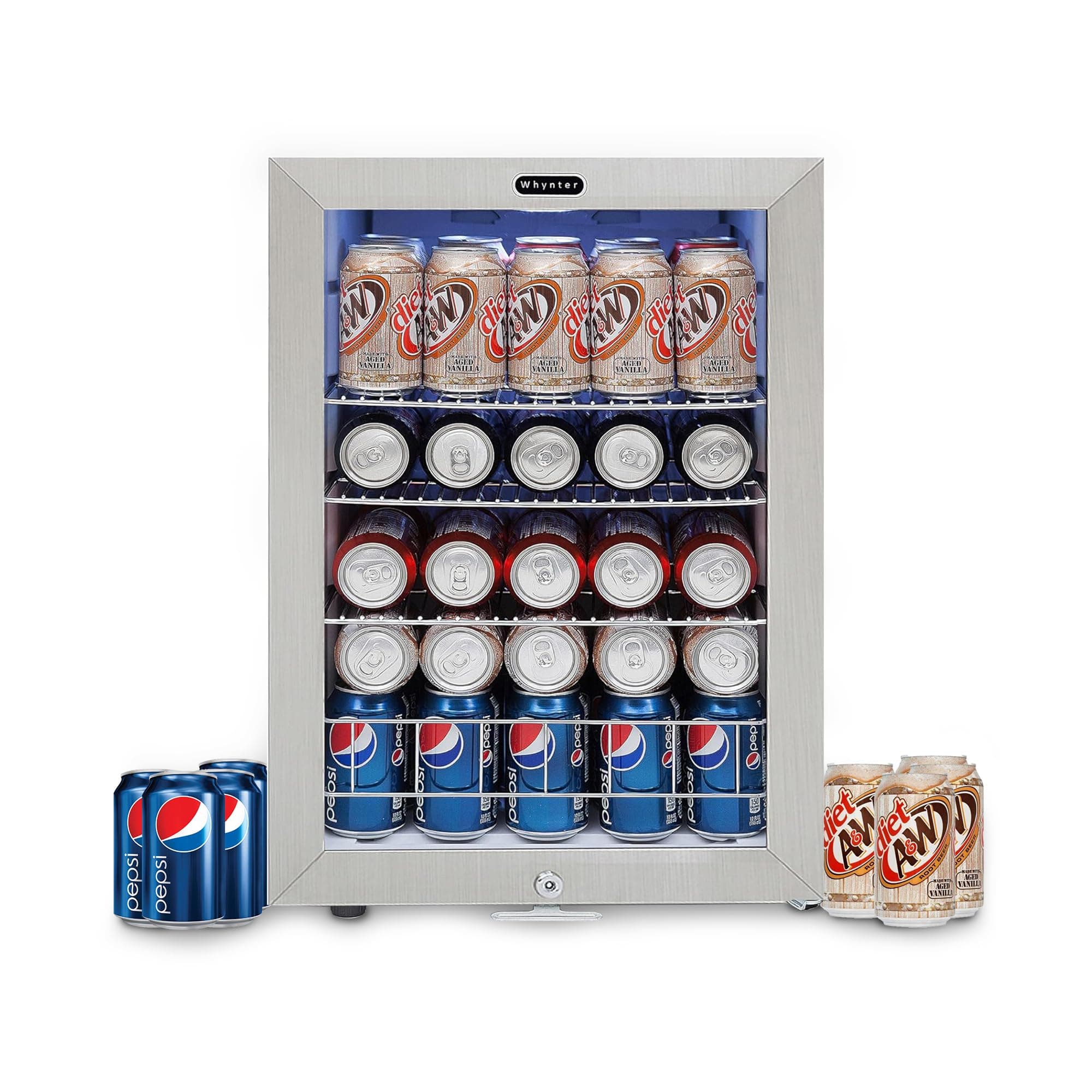 BR-091WS, 90 Can Capacity 2.1 cu. ft. Stainless Steel Beverage Refrigerator and cooler, Mini Fridge with Glass Door with lock