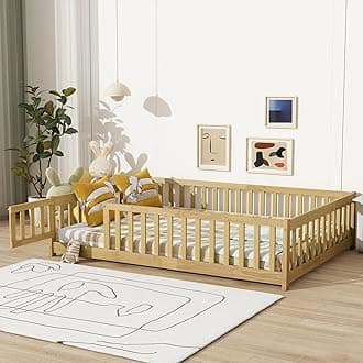 Full Size Floor Bed with Slats and Fence for Kids, Montessori Floor Bed with Door and Safety Guardrails,Wood Full Size Floor Bed Frame, Montessori Bed Full Size for Girls Boys,Natural