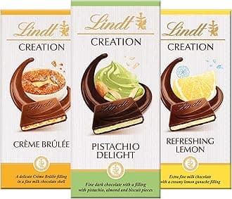 Assorted Creation Chocolate Bars Bundle - Pack 3 x 150g Pistachio Delight, Delicate Creme Brulee & Milk Chocolate Refreshing Lemon. Chocolate Gift for Chocolate Hamper, Easter Gifts with Topline Card