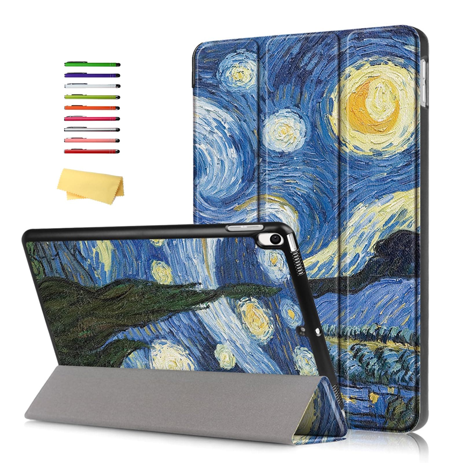 Case for iPad Air 3 (3rd Generation) 10.5" 2019 & iPad Pro 10.5" 2017, Van Gogh Oil Painting Smart PU Leather Stand Trifold Shockproof Magnetic Cover with Auto Sleep/Wake, Blue Starry Night