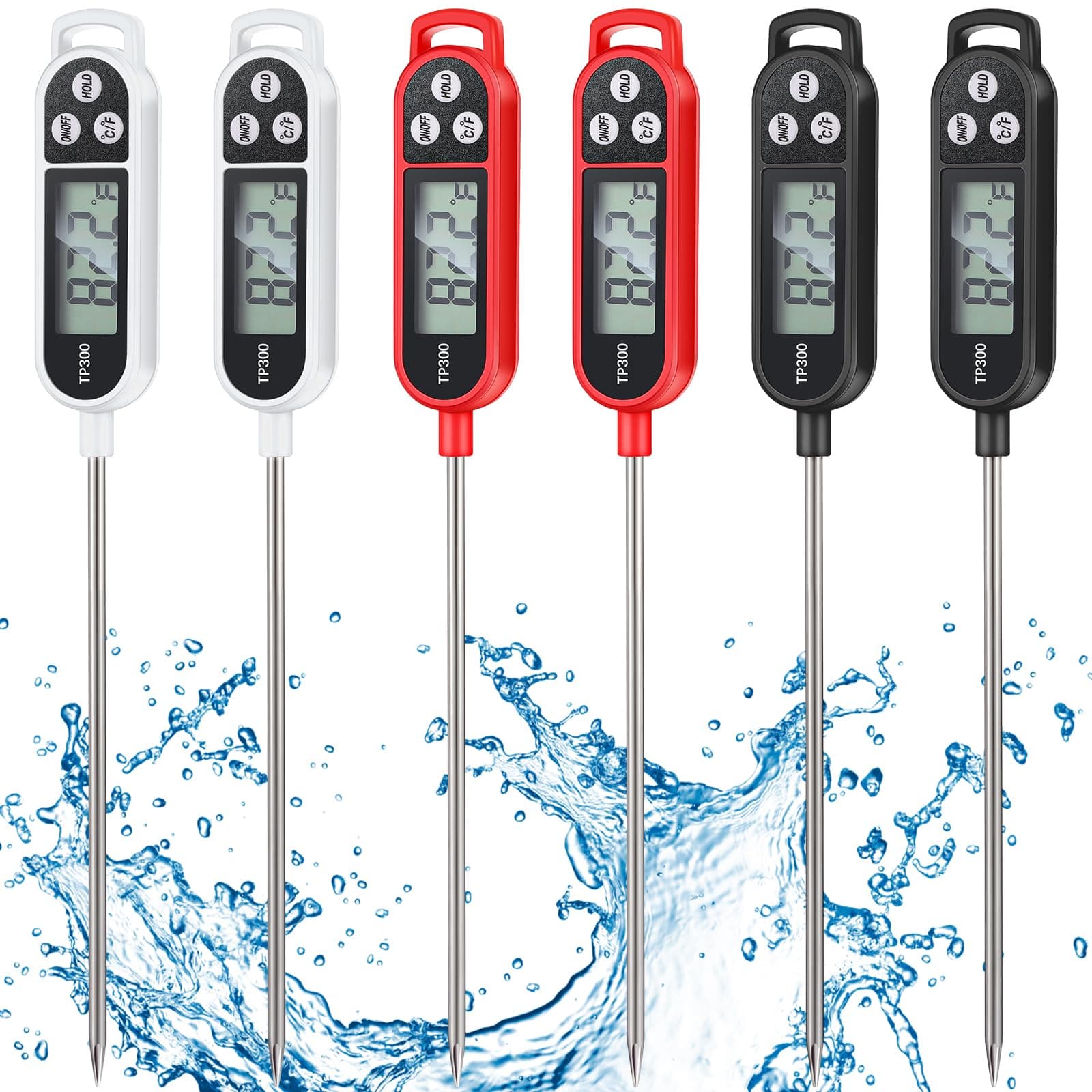 6 Pcs Instant Read Meat Thermometer with Long Probe 9.65 Inch Kitchen Cooking Food Candy Waterproof Digital Thermometer for BBQ Water Milk Yogurt Liquid (Round&Square Ring,Black,White,Red)
