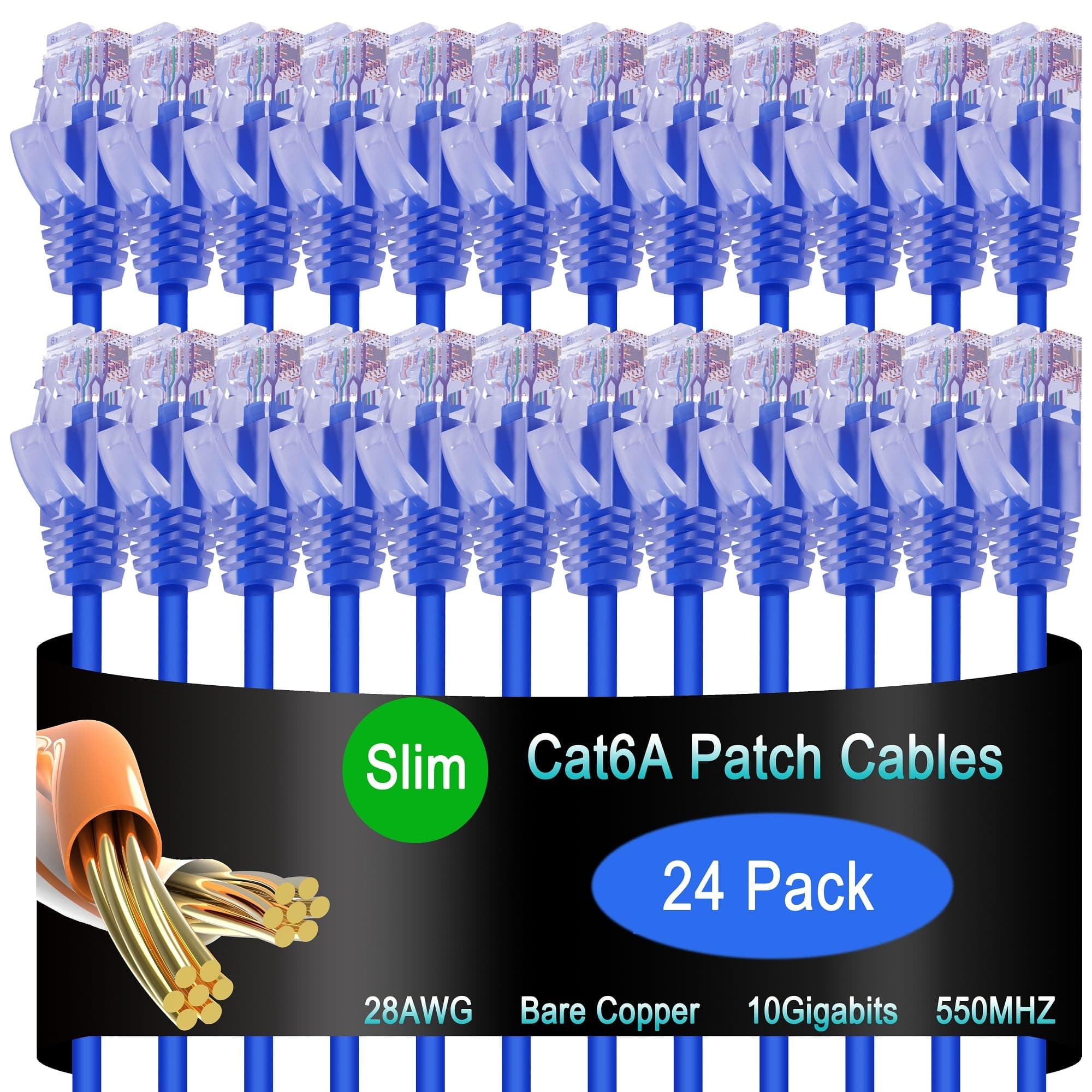 Cat6a Slim Ethernet Patch Cable 0.5 ft (24 Pack), Cat6a Patch Cable for Data Centers, Cat 6 Cable 10G, Network Patch Cables for Home and Enterprise Network -Blue