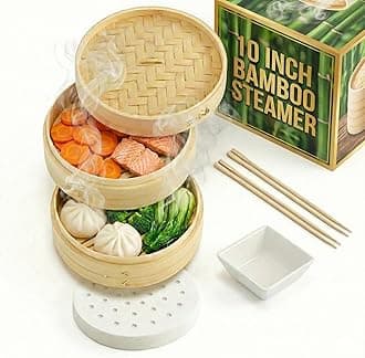 Bamboo Steamer Basket 10-Inch | 2-Tier Steamer for Cooking | 50 Liners, Chopsticks, Sauce Dish | Steaming Asian Food, Bao Buns, Chinese, Dim Sum, Dumpling, Rice, Vegetable Steam Pot