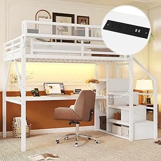 Full Loft Bed with Desk and RGB Light, Metal Loft Bed Frame with Stairs and Bedside Shelf, Heavy-Duty Lofts Beds with Storage Shelves and Wardrobe for Kids Teens, White