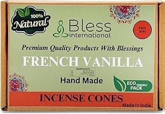- Bless International French-Vanilla 100%-Natural-Incense-Cones Handmade-Hand-Dipped Organic-Chemicals-Free for-Purification-Relaxation-Positivity-Yoga-Meditation The-Best-scents (60 Count)