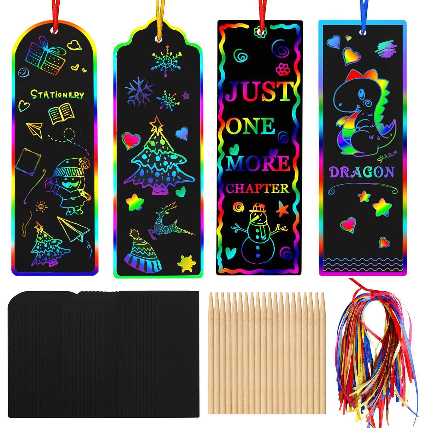 96 Set Magic Scratch Rainbow Bookmarks Making Kit for Kids Students Christmas Party Favor Scratch Paper DIY Bookmarks Bulk with Bamboo Stylus (Regular)