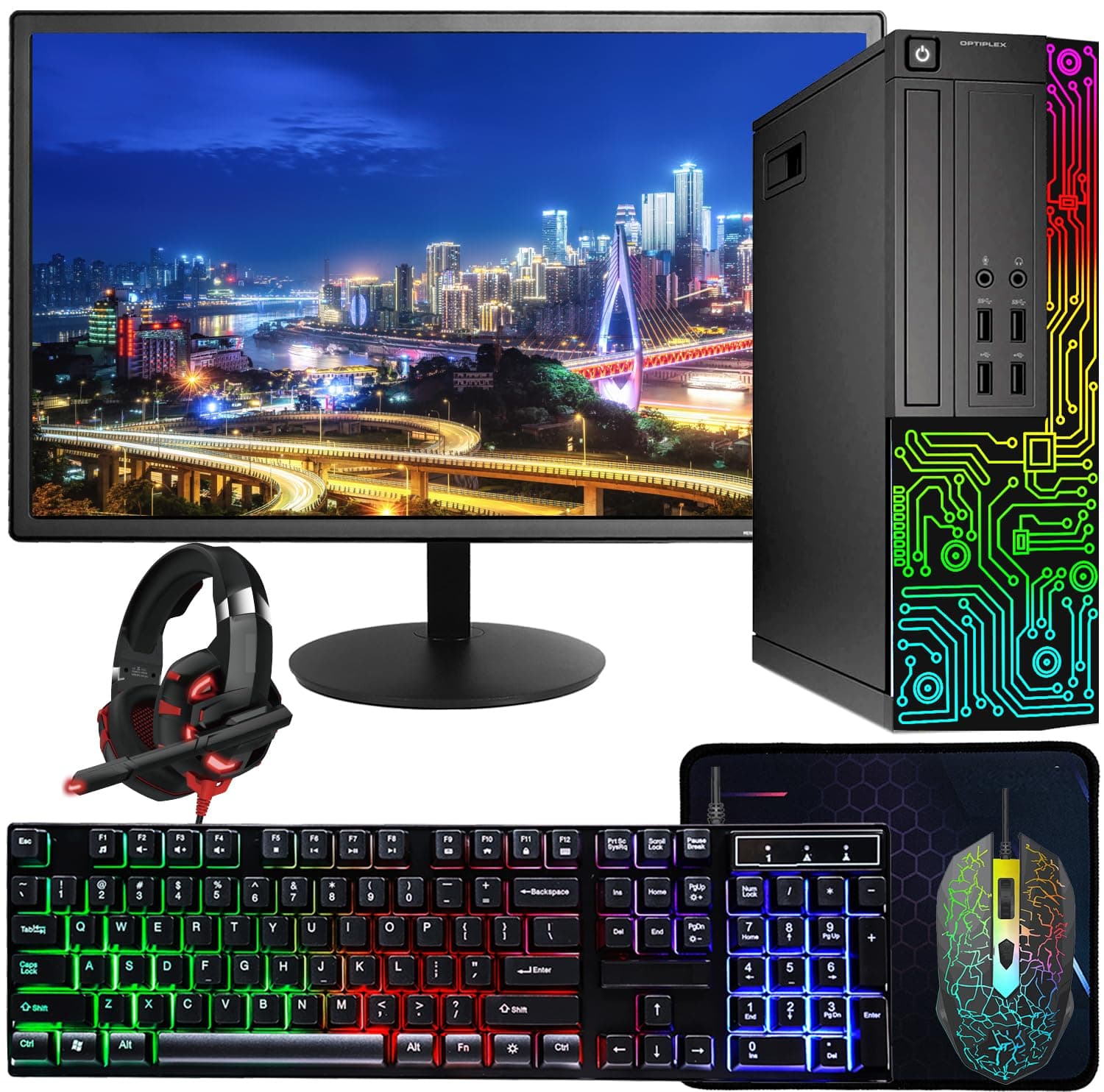 Dell OptiPlex Desktop RGB Computer PC, Intel Core i5 up to 3.6GHz, 16GB RAM, 512GB SSD, 22 Inch HDMI Monitor, RGB Keyboard Mouse, Gaming Headset, WiFi, Bluetooth, Windows 11 Pro (Renewed)