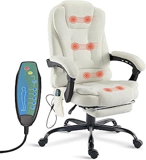 Blisswood Office Chair with Footrest – Ergonomic Desk Chair with 8-Point Back and Neck Massager, 135° Recline, 360° Swivel, Lumbar & Back Support for Home Office or Study Use - Terry Cloth (White)