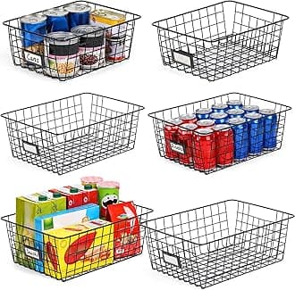 VITEVER 6 Pack Wire Baskets with Tags, Pantry Organization and Storage Bins for Kitchen Cabinets, Closet - Sturdiness Metal Basket for Laundry, Garage, Refridge, Bathroom, Countertop Organizer, Black