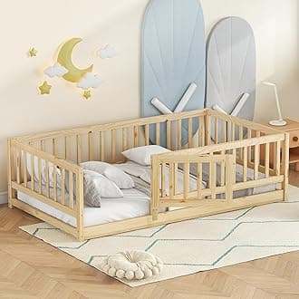 Twin Size Floor Bed Frame with Door and Slats,Montessori Floor Bed with Safety Guardrails for Girls Boys,Solid Wood Kids Montessori Bed Twin Size,Natural