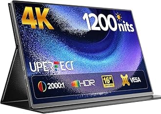 UPERFECT Portable Monitor 4K 16" | 1200 Nits Laptop Monitor | 3840 * 2400 UHD | 1MS FreeSync 2000:1 Contrast | USB-C & HDMI | VESA & Smart Case | Travel Screen for Computer, Mini PC, Game Consoles