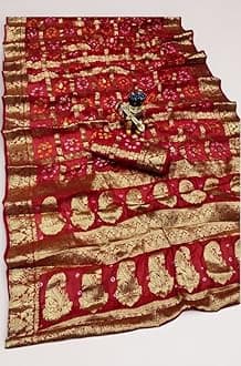 PK HUB Women's Bandhej Banarasi Silk Zari Work Saree with Running Blouse (Saree - 5.5 Meter & Blouse - 0.80 Meter)(Saree Come without Roll Press & Small Holes May Come Due to Hand Die Bandhej)