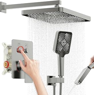 Iriber Gunmetal Grey Shower System Push Button Wall Mount with Rain Shower Head and 4-Setting Handheld Bathroom Shower Set Contain Shower Faucet Mixer Valve Trim Kit (Valve Included)