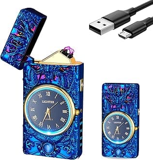 YOZWOO Electric Lighter USB Rechargeable Lighter LED Plasma Arc Lighters Windproof Flameless Clock Cool Lighters with Dragon and Gift Box for Boy and Girl(Blue)