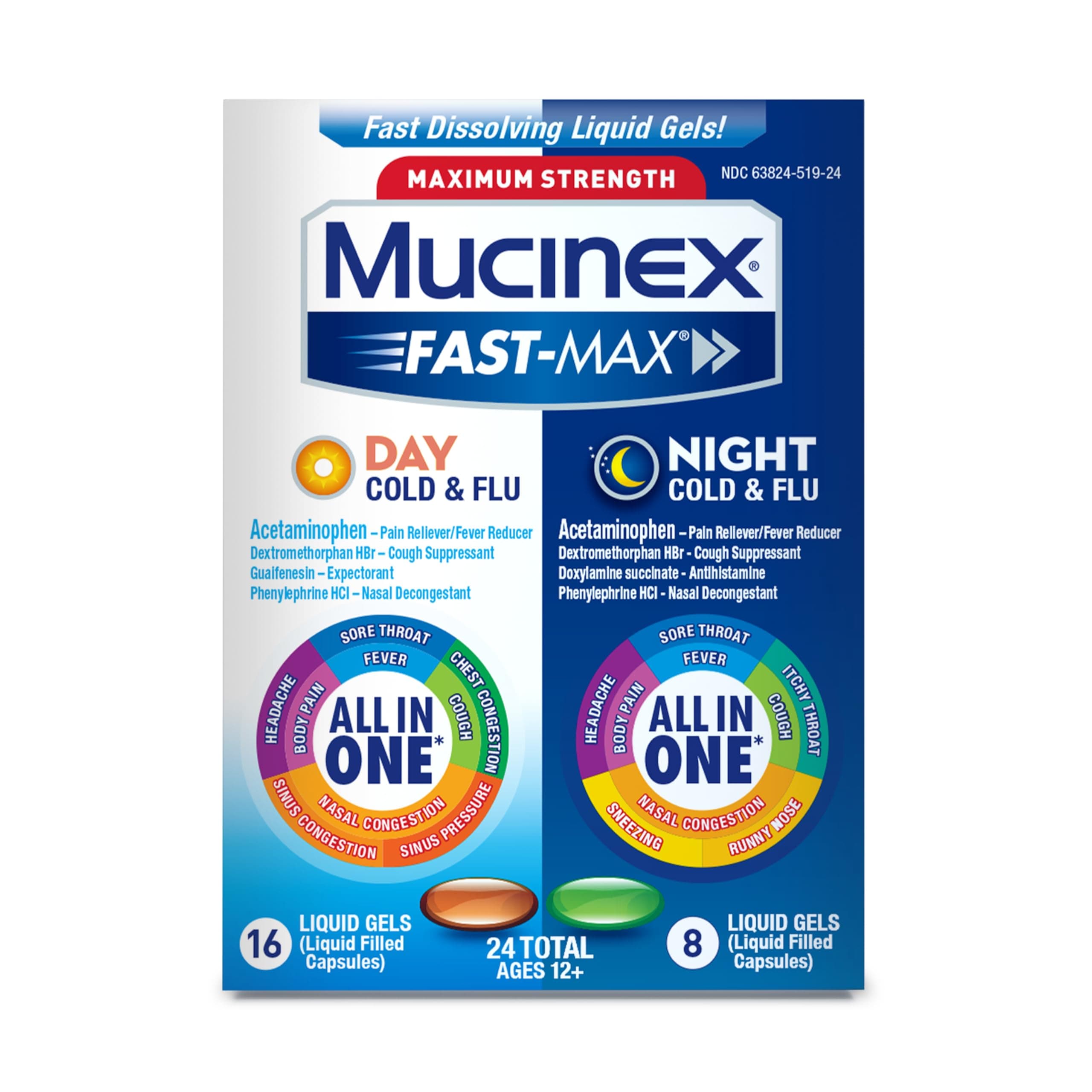 Mucinex Fast-Max Liquid Gels for Day/Night Cold and Flu, 24 Count
