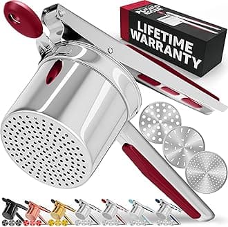 PriorityChef Large 15oz Potato Ricer With 3 Discs, Heavy Duty Stainless Steel Potato Ricer for Mashed Potatoes, Potato Masher, Press and Ricer Kitchen Tool, Red