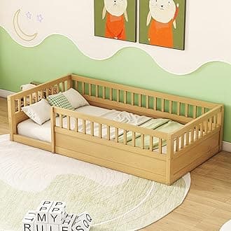 Kids Montessori Floor Bed,Twin Size Floor Bed with High Fence and Door,Twin Bed Frame with Guardrails for Kids,Girls,Boys,Twin,Natural