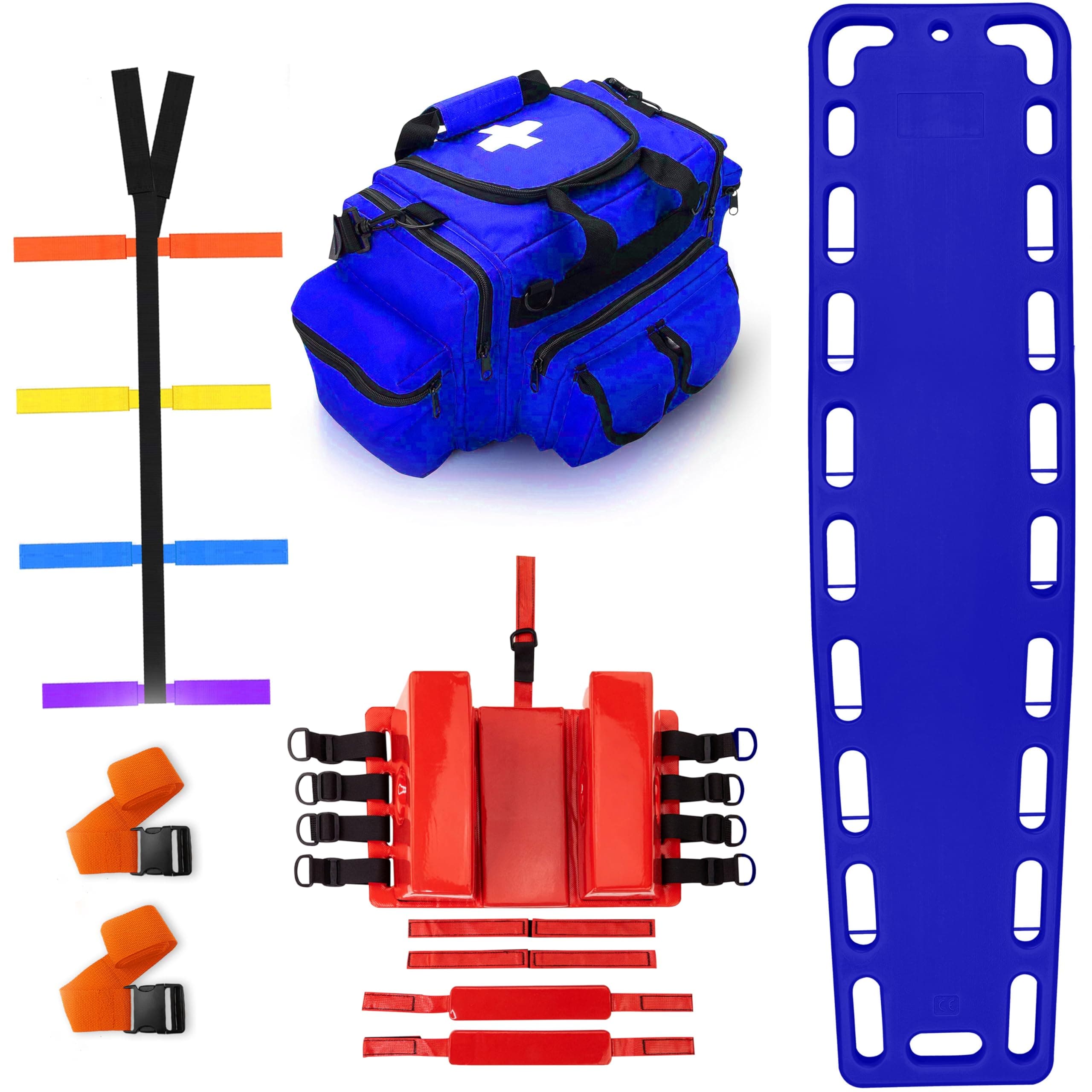 EMS XTRM Rescue Kit Comprehensive Emergency Support with Spine Board, Head Immobilizer, Trauma Bag & 10-Point Strap - Durable, Lightweight for First Responders, Blue