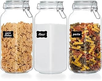 Vtopmart 78oz Glass Food Storage Jars with Airtight Clamp Lids, 3 Pack Large Kitchen Canisters for Flour, Cereal, Coffee, Pasta and Canning, Square Mason Jar with 8 Chalkboard Labels