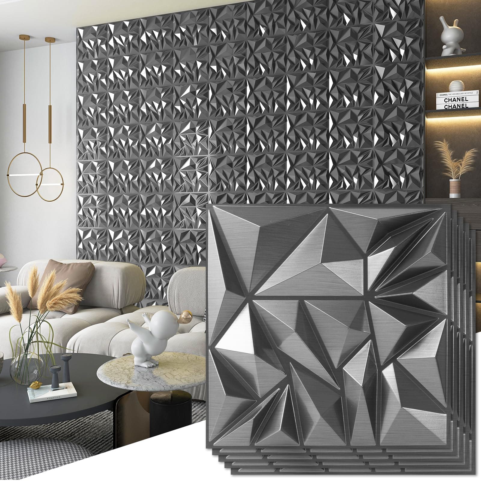 33-Pack 3D Wall Panels - Diamond Textured Feature Paneling for Gaming, Living Room, TV Wall - 12 x 12 inch Silver