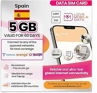 Love Mobile Data Only Sim Card - International Multi-Network 4G/5G Prepaid Pay As You Go Data Sim for Mobile Phones, WiFi Routers, & More, UK & Spain - 5GB for 60 Days