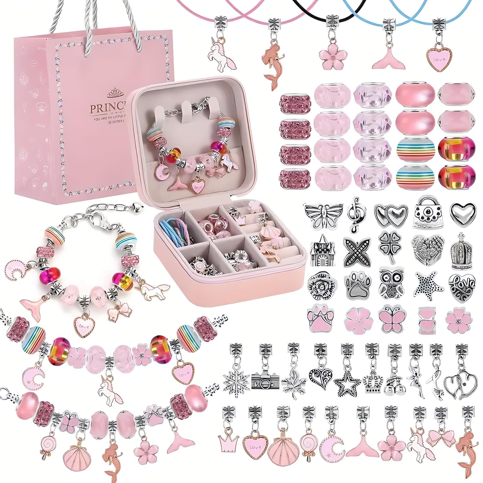 Beauenty Bracelet Making Kit for Girls,68PCs Charm Bracelets Kit with Jewelry Box, Jewelry Charms, Bracelets for DIY Craft, Bracelet Gift for Adults and Kids,Present For 3-12 Year Old Girl (pink)
