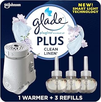 Glade PlugIns Plus Refills Air Freshener Starter Kit, Clean Linen, Scented and Essential Oils for Home and Bathroom, 0.67 Fl Oz, 1 Warmer + 3 Refills