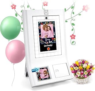 HP Sprocket Photo Booth Machine Instant Color Photo Printer - 10.1" Touchscreen Photobooth, LED Ring Light - Customize w/ 250+ Frames, Prints on 3x4 Zink Paper or Share via QR Code, Mobile App - White